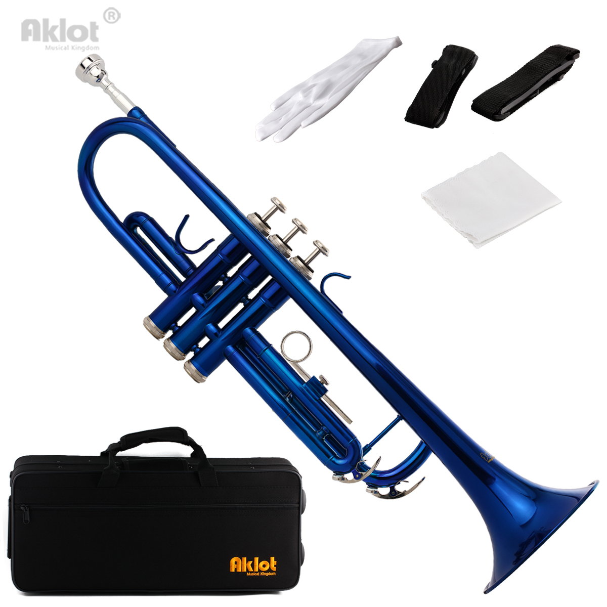 Aklot Bb B Flat Beginner Trumpet with 7C Silver Plated Mouthpiece Blue Lacquered Brass Body for Student Band