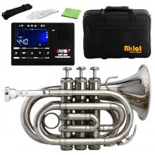 Aklot Bb Mini Pocket Trumpet 7C Silver Plated Mouthpiece Brass Body Nickel Plated with Case and Tuner