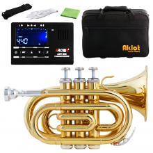Aklot Bb Mini Pocket Trumpet 7C Silver Plated Mouthpiece Brass Body Gold Lacquered with Case and Tuner